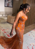 Orange Luxury Shiny Beaded V Neck Sexy Elegant Mermaid Slim Fit Long Floor Length Train Ball Gown Evening Gown Party Dress Prom Dress HZ1023