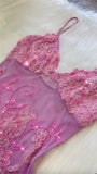 Pink Fashion Exquisite Beaded Spaghetti Strap A-Line Lace Floor Length Elegant Ball Gown Evening Dress HZ1023