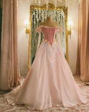 Pink Gorgeous Exquisite Floral Long Elegant Fairy Off-shoulder Tulle Ball Gown Evening Dress HZ1023