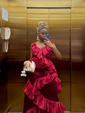 Red Fashion Elegant Long Velvet Satin Splicing Ruffled Ball Gown Evening Dress Party Dress HZ1023