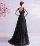 Black v neck tulle beads prom dress evening dress HZ1023