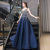 High quality v neck beads long prom dress blue evening dress HZ1023