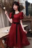 Burgundy tulle short A line prom dress homecoming dress HZ1023