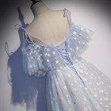 Blue tulle long A line prom dress blue evening ddress HZ1023