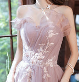 Pink tulle lace long A line prom dress evening gown HZ1023