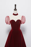 Cute velvet long prom dress burgundy A line evening dress HZ1023