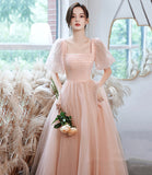 Pink tulle long A line prom dress pink evening gown HZ1023
