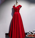 Burgundy v neck satin long prom dress evening dress HZ1023
