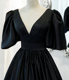 Black v neck satin long A line prom dress evening dress HZ1023