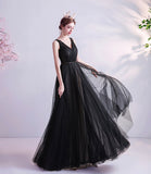 Black v neck tulle beads prom dress evening dress HZ1023