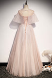 Pink tulle long A line prom dress pink evening dress HZ1023
