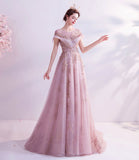 Pink tulle sequins long A line prom dress evening dress HZ1023