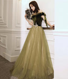 Green velvet tulle long A line prom dress evening dress HZ1023