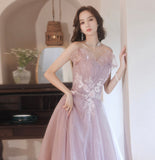 Pink tulle lace long A line prom dress evening gown HZ1023