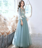 Blue tulle lace long prom gown evening gown HZ1023