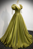 Green v neck tulle long prom dress A line evening dress HZ1023
