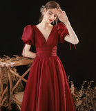 Burgundy v neck long prom dress A line evening gown HZ1023