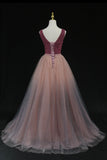 Shiny v neck tulle long prom gown formal dress HZ1023