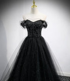 Black tulle long A line prom dress black evening dress HZ1023