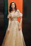 Gold tulle sequins long prom dress A line evening dress HZ1023