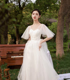 White tulle long A line prom dress bridesmaid dress HZ1023