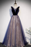 Blue v neck tulle long A line prom dress formal dress HZ1023