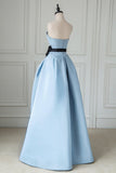 New blue high split prom dress long strapless backless HZ1023