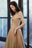 Gold sequins long A line prom dress evening dress HZ1023