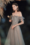 Shiny tulle long prom dress A line evening dress HZ1023