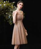 Gold tulle beads short prom dress party dress HZ1023