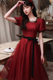 Burgundy tulle short A line prom dress homecoming dress HZ1023