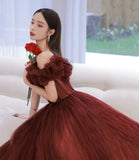 Unique tulle long prom dress off shoulder evening dress HZ1023