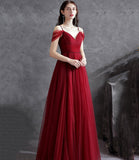 Burgundy v neck tulle long prom dress evening dress HZ1023
