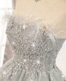 Gray tulle sequins short prom dress HZ1023