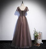 Shiny tulle beads long prom dress A line evening gown HZ1023
