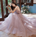 Pink tulle lace long A line prom dress evening gown HZ1023