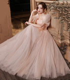 Pink tulle long A line prom dress pink evening gown HZ1023