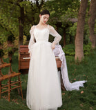 White tulle long A line prom dress bridesmaid dress HZ1023