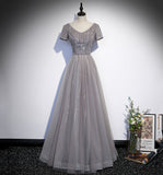 Shiny tulle beads long prom dress A line evening gown HZ1023