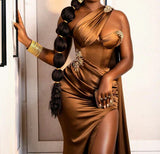 Brown fashion elegant sexy one shoulder long beaded slit mermaid ball gown evening dress party dress with ruffles HZ1023