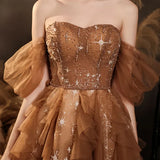 Champagne shiny elegant layered long tulle ball gown evening dress HZ1023