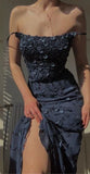 Navy Blue Vintage Spaghetti Straps Elegant Delicate Floral Beads Long Ball Gown Evening Gown Mermaid Birthday Party Dress Prom Gown HZ1023