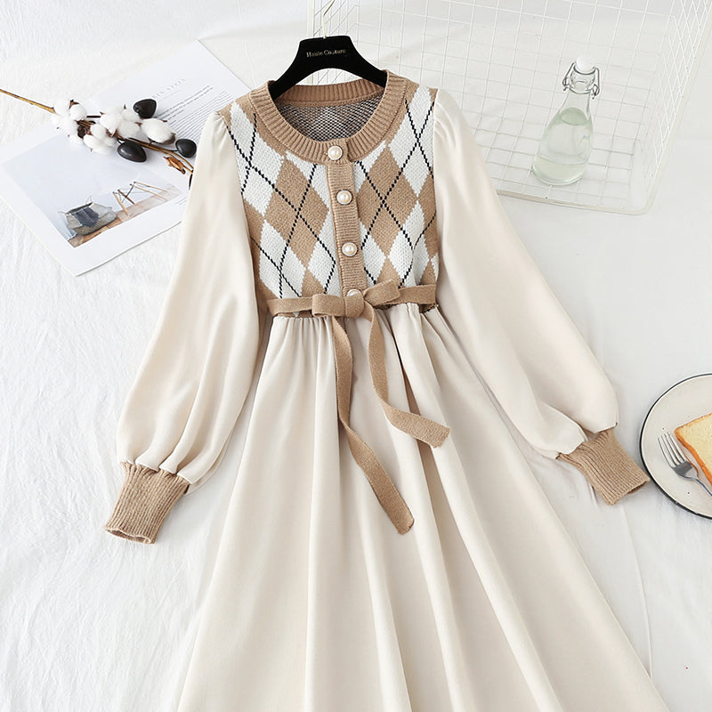 Corduroy stitched knitted dress with coat HZ1023