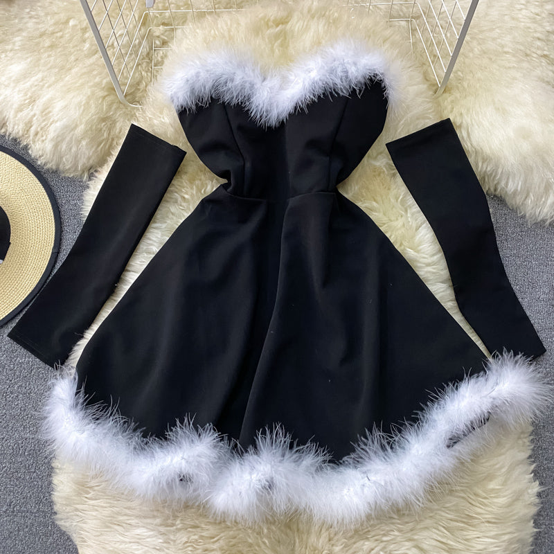 Red/black fashion heart-shaped collar sexy waist slimming off-shoulder Christmas birthday dress HZ1023