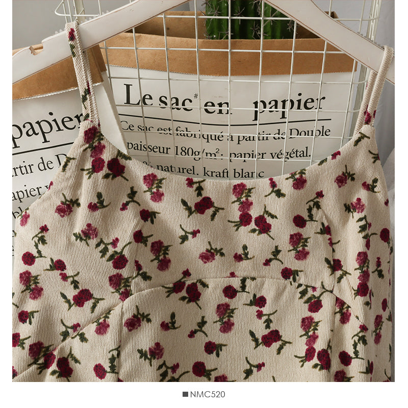 Sweet printed corduroy high waist medium length beautiful back dress for women HZ1023
