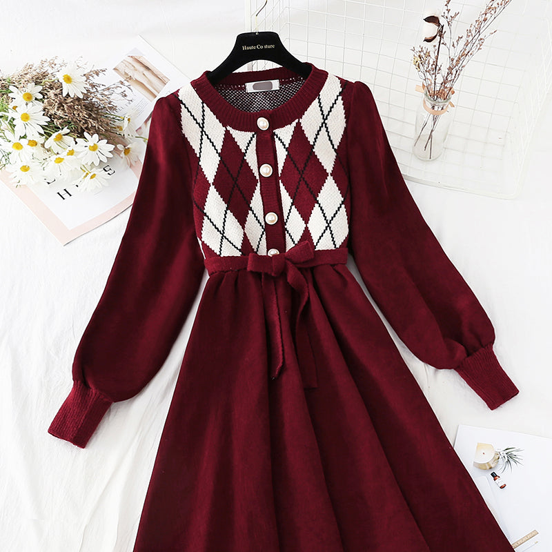 Corduroy stitched knitted dress with coat HZ1023