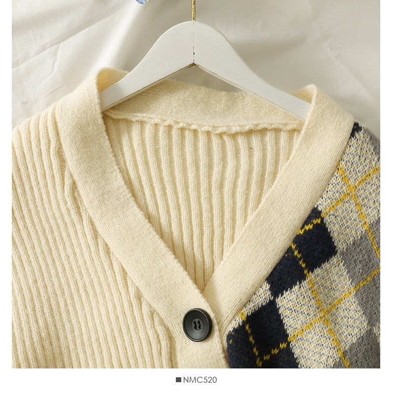 Contrast stitched diamond check single breasted low neck T-shirt HZ1023