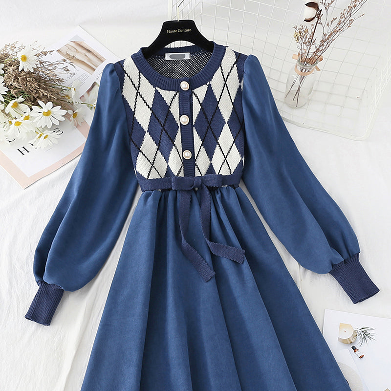 Corduroy stitched knitted dress with coat HZ1023