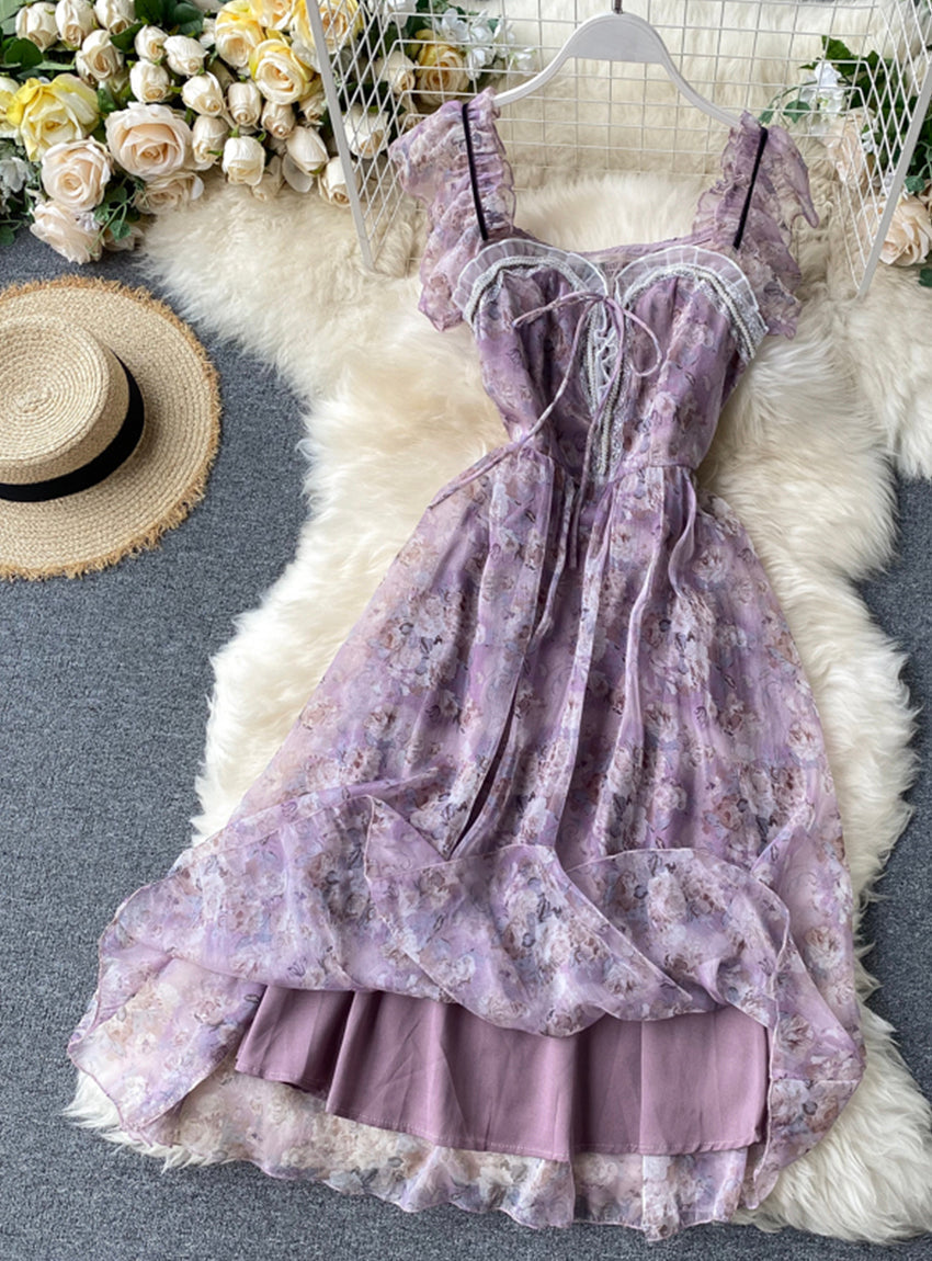 Purple print sleeveless short dress women's dress HZ1023