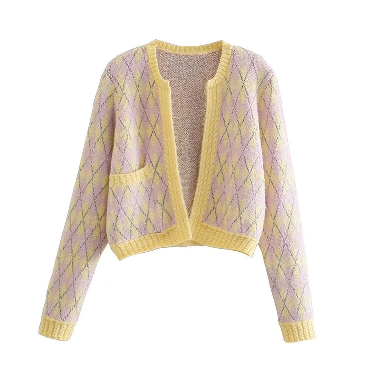 Versatile diamond check sweater cardigan jacket HZ1023